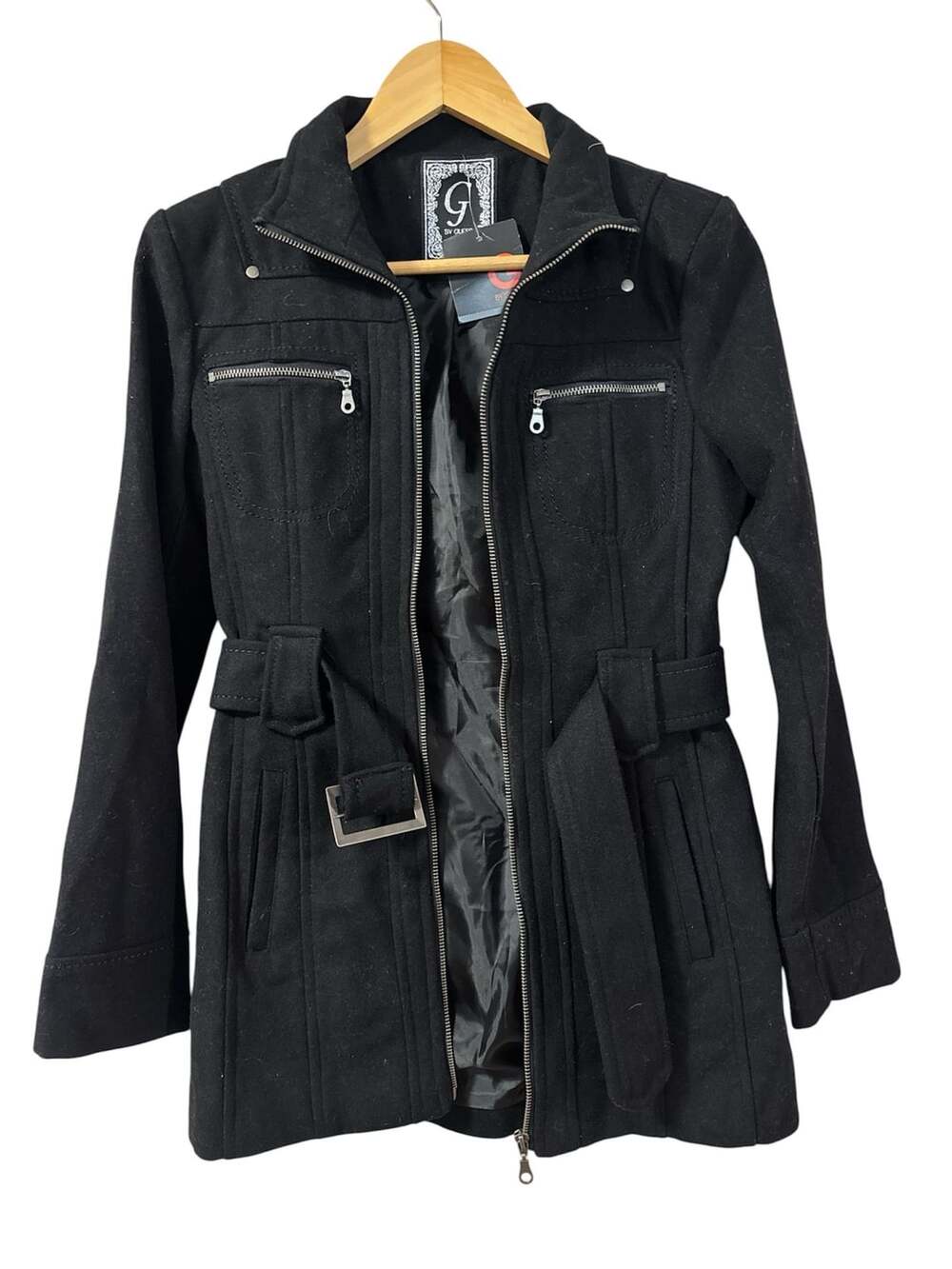 G By Guess Black Belted Zip Up Wool Blend Jacket Size S